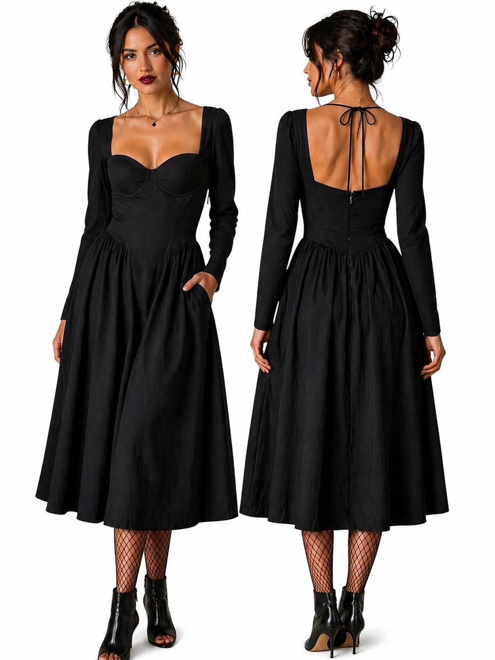 Black Corset Sweetheart Midi Dress | Open Back Structured Fit and Flare X-Small